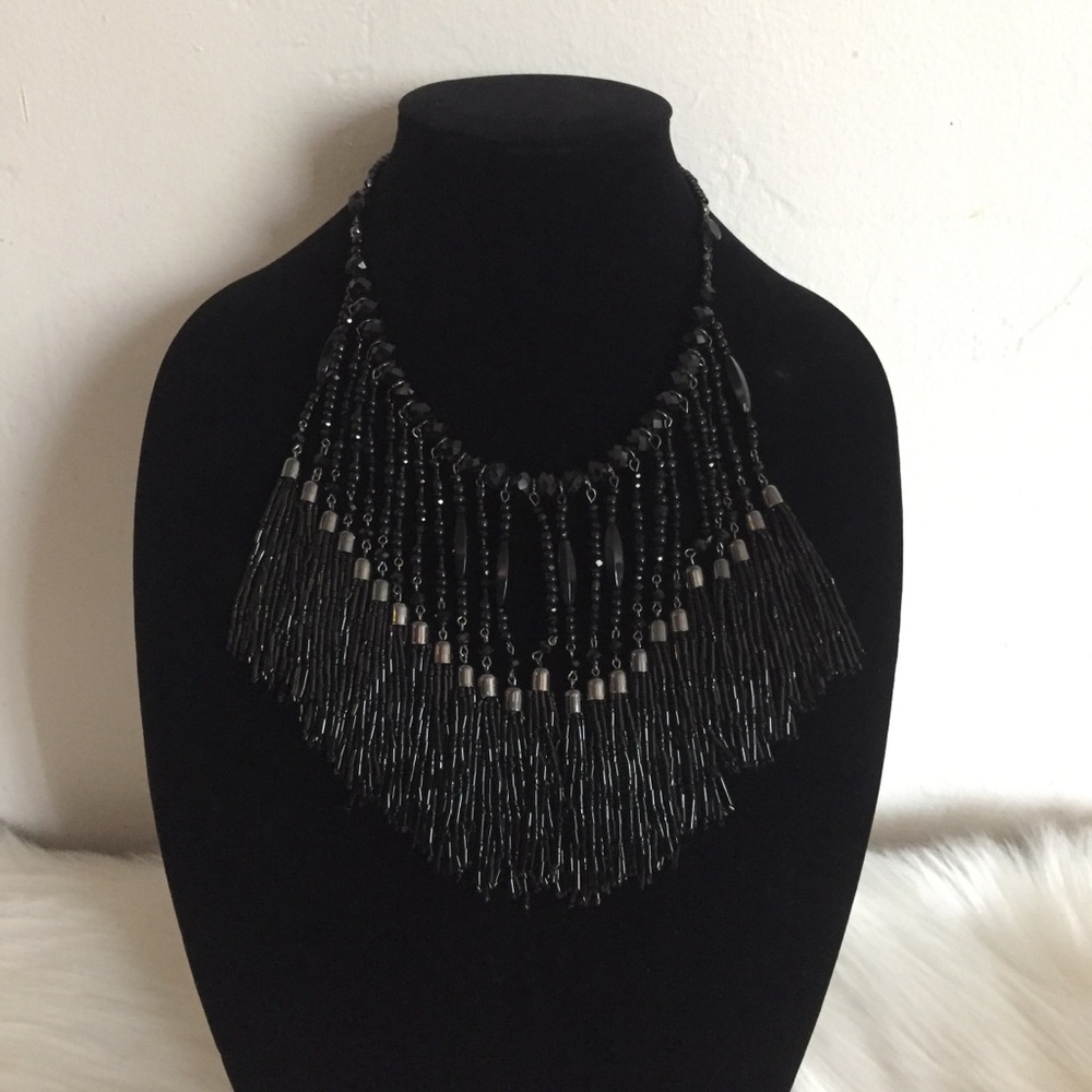 Black Beaded Fringe Necklace